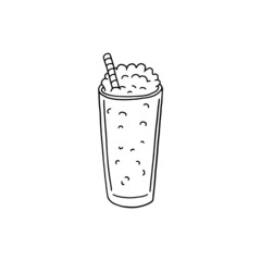 Soda drink in glass with straw in hand drawn doodle style, vector illustration isolated on white background.