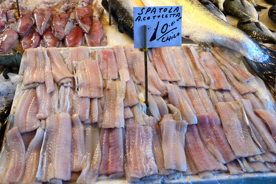 Silver scabbardfish in pieces ready for sale, Ballaro market in Palermo, Albergheria district, Palermo, Sicily, Italy, Europe