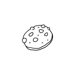 Doodle cookie with chocolate chips, hand drawn outline vector illustration isolated on white background.