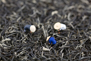 Miniature creative hard-working tea farmers are busy