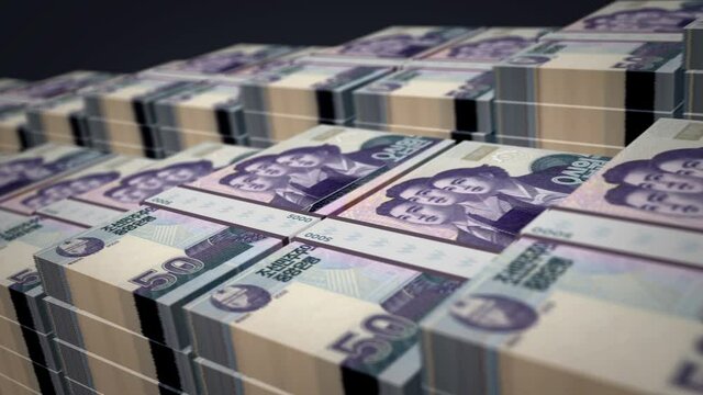 North Korea Won banknote bundle growth up loop. KPW money stacks. Concept of cash pack, banking, travel, business, economy and finance. Loopable seamless 3d animation.