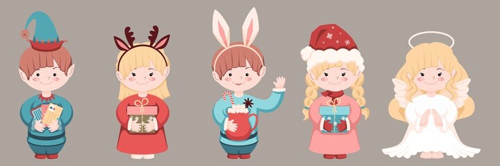 Set of cute kids in Christmas Costumes. Boy in an Elf costume with letters, Boy with bunny ears, Girl with a gift and deer horns, Girl dressed as an Angel