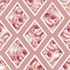 Pink delicate rose flowers and rhombus background. Seamless floral pattern.