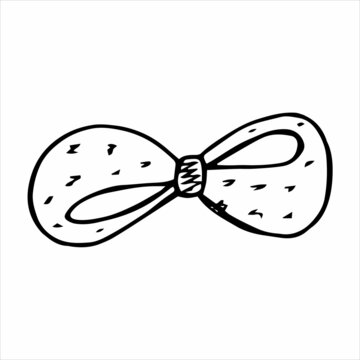 Hand-drawn tied bow in doodle style for different types of design. Black and white vector illustration.
