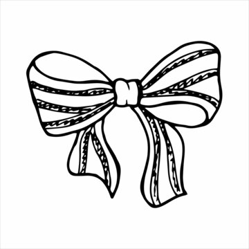 Hand-drawn tied bow in doodle style for different types of design. Black and white vector illustration.