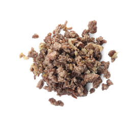 Pile of fried minced meat on white background, top view
