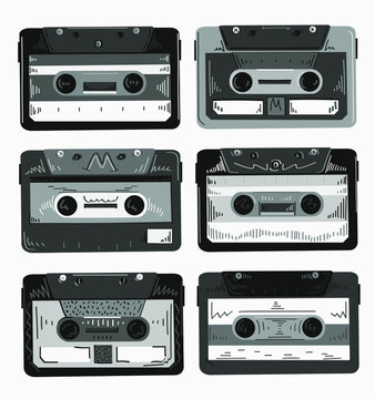 black and white detailed set of audio cassette tape