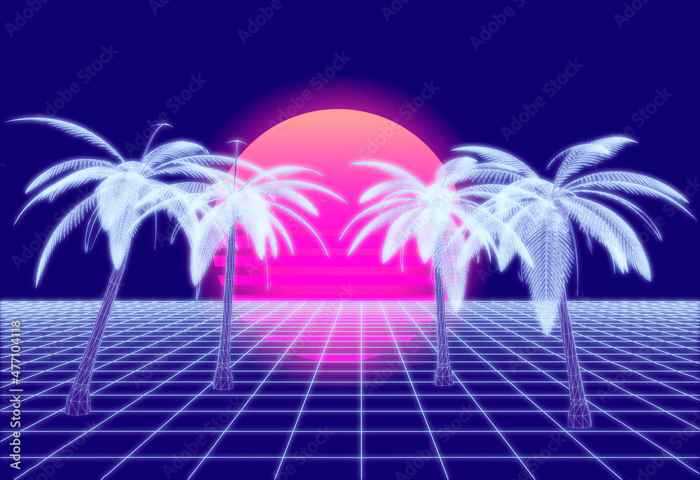 Poster retro 80s synthwave styled 3d landscape with endless perspective laser grid, palm trees and sun.