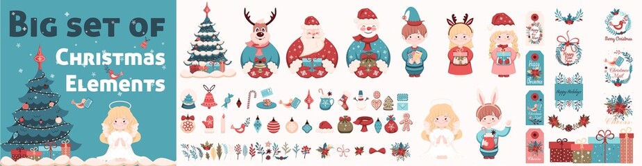 Large set of Christmas Elements. Christmas Characters, festive elements, Sets for creating postcards, flyers, seamless textures, greetings, invitations and other Christmas products