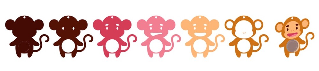 Cute monkey candy ornament. Layered paper decoration treat holder for dome. Hanger for sweets, candy for birthday, baby shower, halloween, christmas. Print, cut out, glue. Vector stock illustration