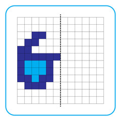 Picture reflection educational game for kids. Learn to complete symmetry worksheets for preschool activities. Coloring grid pages, visual perception and pixel art. Complete the blue glasses image.