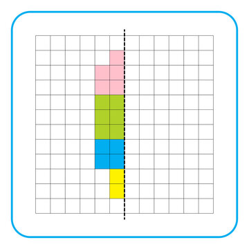 Picture reflection educational game for kids. Learn to complete symmetry worksheets for preschool activities. Coloring grid pages, visual perception and pixel art. Finish the colorful ice cream.