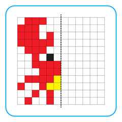 Picture reflection educational game for kids. Learn to complete symmetry worksheets for preschool activities. Coloring grid pages, visual perception and pixel art. Complete the red crab image.