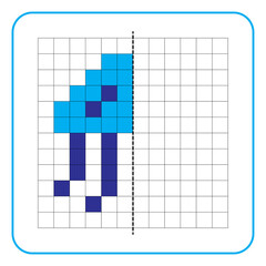 Picture reflection educational game for kids. Learn to complete symmetry worksheets for preschool activities. Coloring grid pages, visual perception and pixel art. Complete the blue jellyfish image.