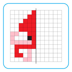 Picture reflection educational game for kids. Learn to complete symmetry worksheets for preschool activities. Coloring grid pages, visual perception and pixel art. Complete the red squid image.