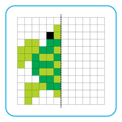 Picture reflection educational game for kids. Learn to complete symmetry worksheets for preschool activities. Coloring grid pages, visual perception and pixel art. Complete the green turtle image.
