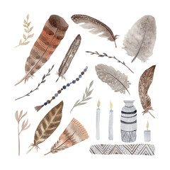 Set of boho-style feathers with twigs and candles for wedding invitations, greeting cards, poster, packaging design, feather decorations. Stylish, modern set on a white background
