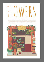 Flower shop promo card or poster template cartoon flat vector illustration.