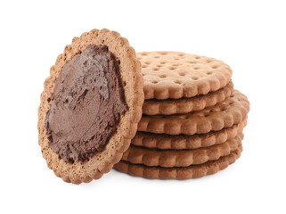 Tasty chocolate sandwich cookies with cream on white background