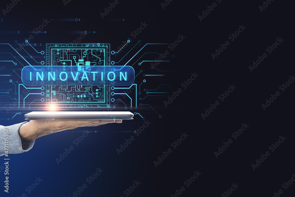 Poster close up of businessman hand holding tablet with abstract glowing innovation hologram on dark backgr