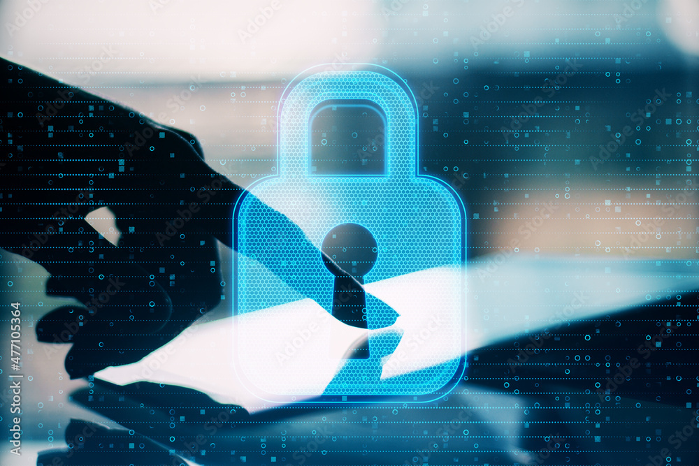 Poster close up of backlit female hand pointing at tablet with abstract glowing padlock interface on blurry