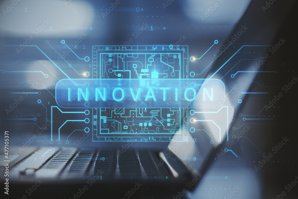 Poster close up of laptop with abstract glowing innovation hologram on blurry background. future, device, w