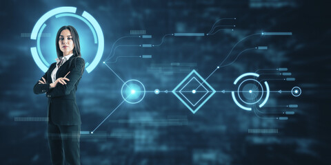 Attractive young eueopean businesswoman standing on abstract blurry background with digital business interface. Technology, information, ai, and innovation concept.