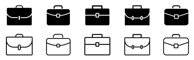 Briefcase icon set. Business briefcase, bag icon in filled, outline, line style. Stock vector.