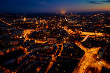 Fototapeta na wymiar Wroclaw city at night, aerial view