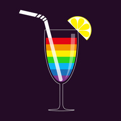 Rainbow cocktail. Straw. Lemon slice. Drink gay party. LGBT sign symbol. Menu template. Flat design. Dark background. Isolated.