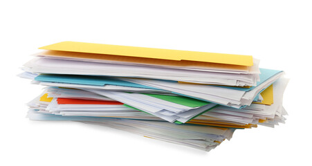 Stack of different files with documents on white background