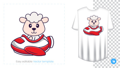 Cute sheep character. Prints on T-shirts, sweatshirts, cases for mobile phones, souvenirs. Isolated vector illustration on white background.