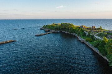 Panoramic aerial view of Fort Totleben Pervomaisky on a summer day in the waters of the Gulf of...