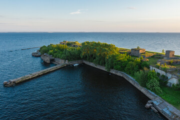 Panoramic aerial view of Fort Totleben Pervomaisky on a summer day in the waters of the Gulf of...