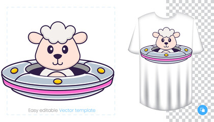 Cute sheep character. Prints on T-shirts, sweatshirts, cases for mobile phones, souvenirs. Isolated vector illustration on white background.