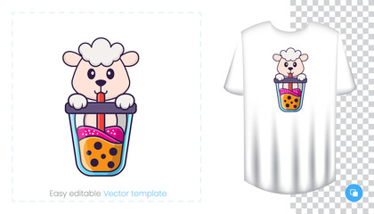 Cute sheep character. Prints on T-shirts, sweatshirts, cases for mobile phones, souvenirs. Isolated vector illustration on white background.