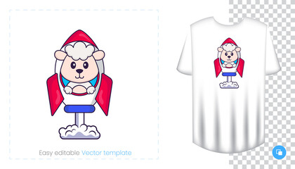 Cute sheep character. Prints on T-shirts, sweatshirts, cases for mobile phones, souvenirs. Isolated vector illustration on white background.