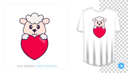 Cute sheep character. Prints on T-shirts, sweatshirts, cases for mobile phones, souvenirs. Isolated vector illustration on white background.