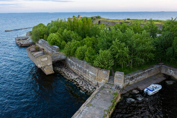 Panoramic aerial view of Fort Totleben Pervomaisky on a summer day in the waters of the Gulf of...