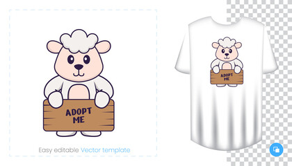 Cute sheep character. Prints on T-shirts, sweatshirts, cases for mobile phones, souvenirs. Isolated vector illustration on white background.