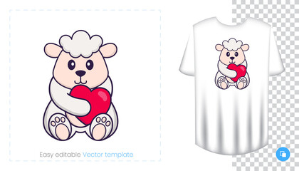Cute sheep character. Prints on T-shirts, sweatshirts, cases for mobile phones, souvenirs. Isolated vector illustration on white background.