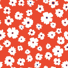 Ditsy daisy millefleurs seamless repeat pattern. Random placed, hand, vector flowers minimal allover print on orange background.