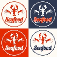 Seafood restaurant logo vector illustration set. Market emblem, crayfish and shrimps silhouette. Ribbon Lettering