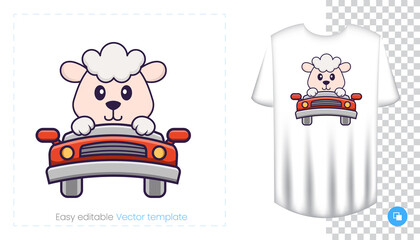 Cute sheep character. Prints on T-shirts, sweatshirts, cases for mobile phones, souvenirs. Isolated vector illustration on white background.