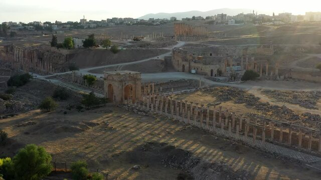 Aerial view of the ruins of Jerash in Jordan in a beautiful sunset