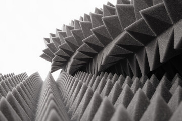 Studio sound proof foam pattern texture. Acoustic foam on a white background. Dark gray triangular acoustic foam rubber. Background of sound absorbing sponge.