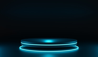 Black podium with glowing neon ring. Modern 3d rendering for product display presentation