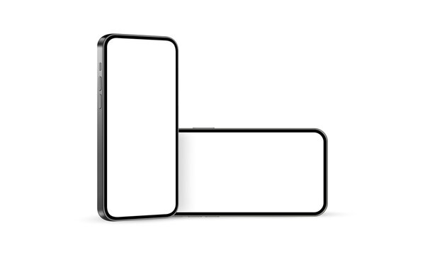 Phones with Blank Screens, Vertical and Horizontal Mockup, Isolated on White Background Side and Front View. Vector Illustration