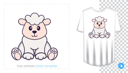 Cute sheep character. Prints on T-shirts, sweatshirts, cases for mobile phones, souvenirs. Isolated vector illustration on white background.