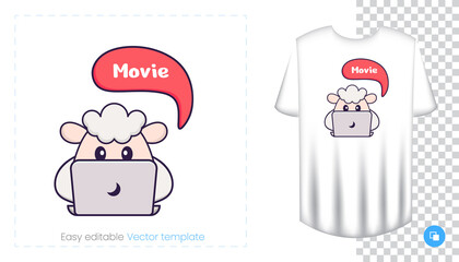 Cute sheep character. Prints on T-shirts, sweatshirts, cases for mobile phones, souvenirs. Isolated vector illustration on white background.